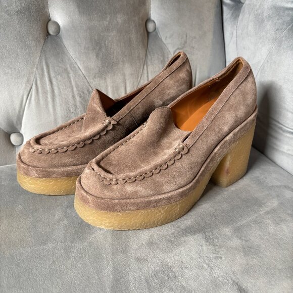 Marc Fisher Suede Platform Loafers Taupe Chunky Heel Shoes – Women’s 7.5 - Picture 3 of 9
